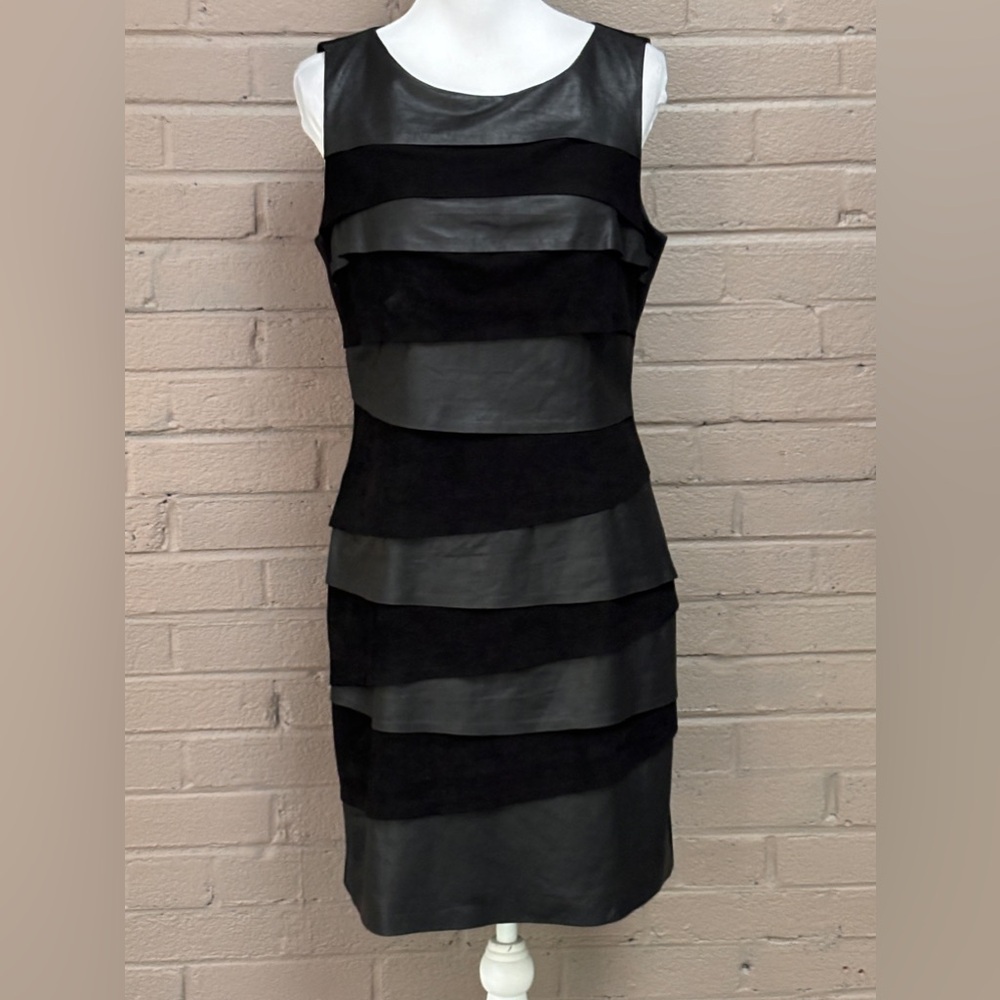 Cache black leather & suede tiered dress  L